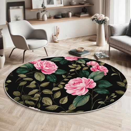 MIATCENRT Runder Teppiche Wohnzimmer, Rosa Grün Rose Grüne Blätter Muster Waschbare Teppiche, rutschfest Weicher Vintage Aquarell Teppich für Wohnzimmer, Schlafzimmer, Esszimmer, Kamin, 160cm MIATCENRT Runder Teppiche Wohnzimmer, Rosa Grün Rose Grüne Blätter Muster Waschbare Teppiche, rutschfest Weicher Vintage Aquarell Teppich für Wohnzimmer, Schlafzimmer, Esszimmer, Kamin, 160cm von MIATCENRT