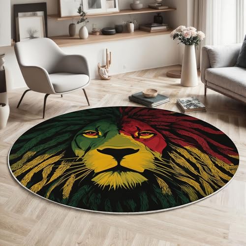 MIATCENRT Runder Teppiche Wohnzimmer, Rot Gelb Abstrakt Löwengesicht Muster Waschbare Teppiche, rutschfest Weicher Vektor Teppich für Wohnzimmer, Schlafzimmer, Esszimmer, Kamin, 160cm von MIATCENRT
