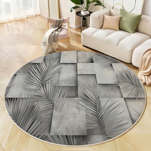 MIATCENRT Runder Teppiche Wohnzimmer, grau Palmblatt Beton Muster Waschbare Teppiche, rutschfest Weicher Modern Geometrisch Teppich für Wohnzimmer, Schlafzimmer, Esszimmer, Kamin, 80cm von MIATCENRT
