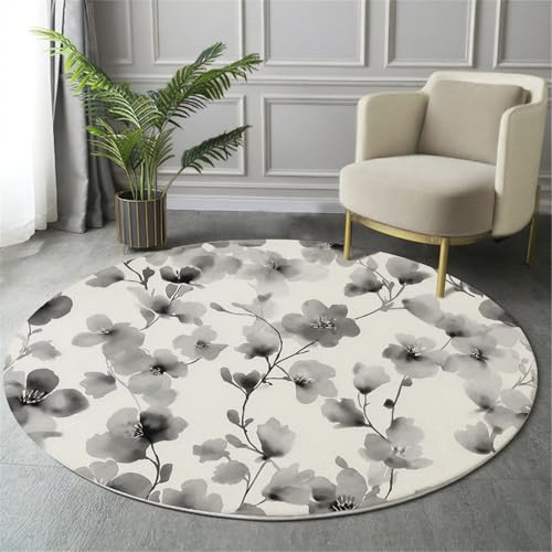 MIATCENRT Rutschfester Teppich Rund, Teppich Aquarell Blumen Blühen Blumen Muster Waschbarer Wohnzimmer, Teppiche Weich Flauschig für Schlafzimmer Küche Esszimmer, Schwarz Weiß, 80cm MIATCENRT Rutschfester Teppich Rund, Teppich Aquarell Blumen Blühen Blumen Muster Waschbarer Wohnzimmer, Teppiche Weich Flauschig für Schlafzimmer Küche Esszimmer, Schwarz Weiß, 80cm von MIATCENRT