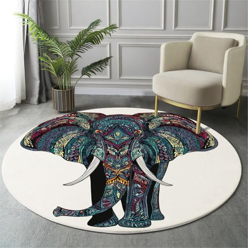 MIATCENRT Rutschfester Teppich Rund, Teppich Bohemian Blumen Elefanten Muster Waschbarer Wohnzimmer, Teppiche Weich Flauschig für Schlafzimmer Küche Esszimmer, Blau, 160cm von MIATCENRT