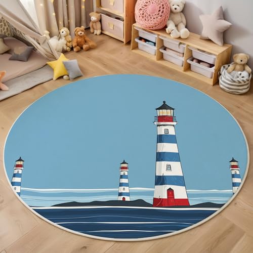 MIATCENRT Rutschfester Teppich Rund, Teppich Cartoon Streifen Leuchtturm Muster Waschbarer Wohnzimmer, Teppiche Weich Flauschig für Schlafzimmer Küche Esszimmer, Blau, 160cm MIATCENRT Rutschfester Teppich Rund, Teppich Cartoon Streifen Leuchtturm Muster Waschbarer Wohnzimmer, Teppiche Weich Flauschig für Schlafzimmer Küche Esszimmer, Blau, 160cm von MIATCENRT