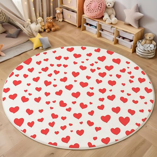 MIATCENRT Rutschfester Teppich Rund, Teppich Einfach Niedlich Rotes Herz Muster Waschbarer Wohnzimmer, Teppiche Weich Flauschig für Schlafzimmer Küche Esszimmer, Rot Weiß, 100cm von MIATCENRT