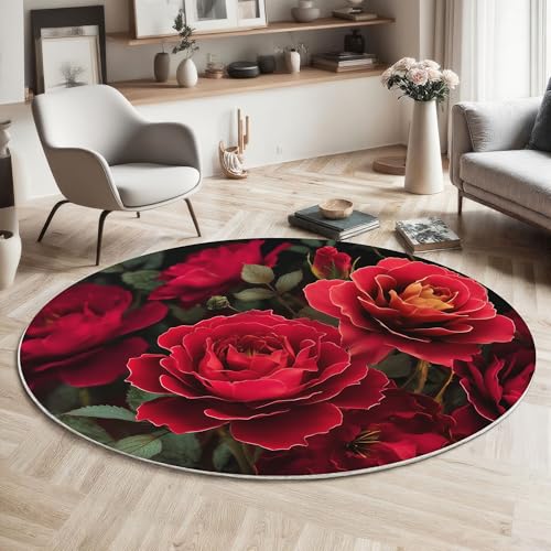 MIATCENRT Rutschfester Teppich Rund, Teppich Eleganz Blumen Rote Rose Muster Waschbarer Wohnzimmer, Teppiche Weich Flauschig für Schlafzimmer Küche Esszimmer, Rot, 120cm MIATCENRT Rutschfester Teppich Rund, Teppich Eleganz Blumen Rote Rose Muster Waschbarer Wohnzimmer, Teppiche Weich Flauschig für Schlafzimmer Küche Esszimmer, Rot, 120cm von MIATCENRT