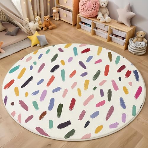 MIATCENRT Rutschfester Teppich Rund, Teppich Kritzeleien Handgezeichnet Pinselstriche Muster Waschbarer Wohnzimmer, Teppiche Weich Flauschig für Schlafzimmer Küche Esszimmer, Bunt, 120cm von MIATCENRT