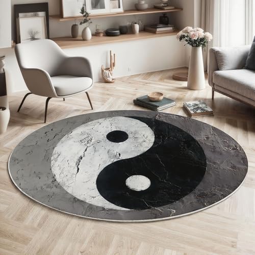 MIATCENRT Rutschfester Teppich Rund, Teppich Minimalismus Yin-Yang-Symbol Muster Waschbarer Wohnzimmer, Teppiche Weich Flauschig für Schlafzimmer Küche Esszimmer, Dunkelgrau, 80cm von MIATCENRT
