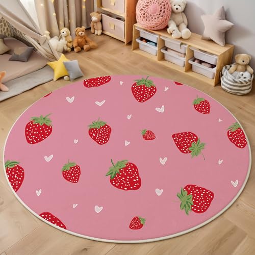 MIATCENRT Rutschfester Teppich Rund, Teppich Süß Kleine Erdbeere Herzförmig Muster Waschbarer Wohnzimmer, Teppiche Weich Flauschig für Schlafzimmer Küche Esszimmer, Rosa, 120cm von MIATCENRT