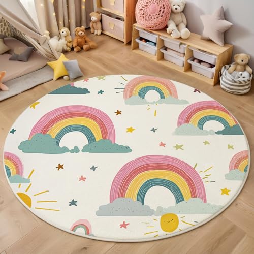 MIATCENRT Rutschfester Teppich Rund, Teppich Süß Regenbogen Sonne Muster Waschbarer Wohnzimmer, Teppiche Weich Flauschig für Schlafzimmer Küche Esszimmer, Rosa Grün, 160cm MIATCENRT Rutschfester Teppich Rund, Teppich Süß Regenbogen Sonne Muster Waschbarer Wohnzimmer, Teppiche Weich Flauschig für Schlafzimmer Küche Esszimmer, Rosa Grün, 160cm von MIATCENRT