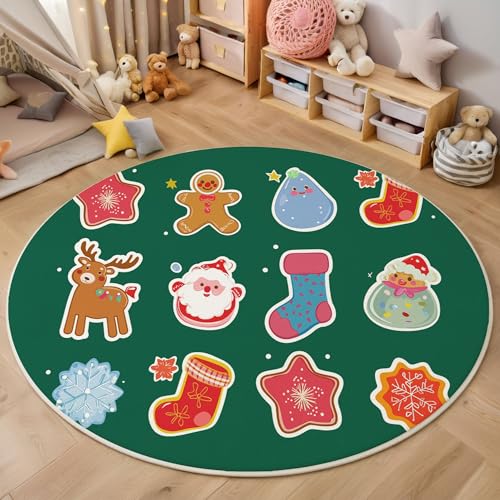 MIATCENRT Rutschfester Teppich Rund, Teppich Süß Weihnachten Sticker Muster Waschbarer Wohnzimmer, Teppiche Weich Flauschig für Schlafzimmer Küche Esszimmer, Grün, 80cm MIATCENRT Rutschfester Teppich Rund, Teppich Süß Weihnachten Sticker Muster Waschbarer Wohnzimmer, Teppiche Weich Flauschig für Schlafzimmer Küche Esszimmer, Grün, 80cm von MIATCENRT