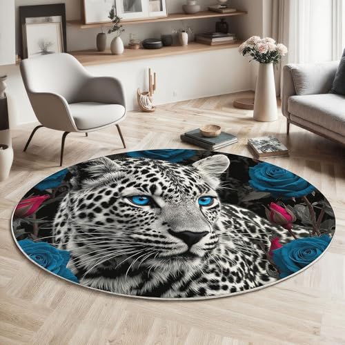 MIATCENRT Rutschfester Teppich Rund, Teppich Tiere Blumen Leopard Rote Rose Muster Waschbarer Wohnzimmer, Teppiche Weich Flauschig für Schlafzimmer Küche Esszimmer, Schwarz Weiß, 80cm von MIATCENRT