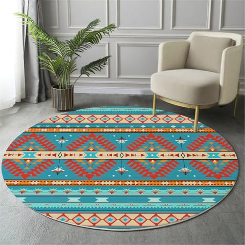 MIATCENRT Rutschfester Teppich Rund, Teppich Traditionell Stammes Geometrisch Symbolisch Muster Waschbarer Wohnzimmer, Teppiche Weich Flauschig für Schlafzimmer Küche Esszimmer, Blau, 120cm MIATCENRT Rutschfester Teppich Rund, Teppich Traditionell Stammes Geometrisch Symbolisch Muster Waschbarer Wohnzimmer, Teppiche Weich Flauschig für Schlafzimmer Küche Esszimmer, Blau, 120cm von MIATCENRT