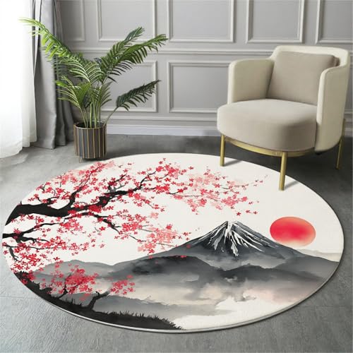 MIATCENRT Rutschfester Teppich Rund, Teppich Tuschemalerei Berg Fuji Kirschblüten Muster Waschbarer Wohnzimmer, Teppiche Weich Flauschig für Schlafzimmer Küche Esszimmer, Schwarz Rot, 160cm von MIATCENRT
