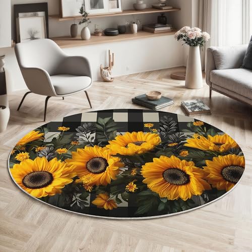 MIATCENRT Rutschfester Teppich Rund, Teppich Vintage Blumen Sonnenblume Kariert Muster Waschbarer Wohnzimmer, Teppiche Weich Flauschig für Schlafzimmer Küche Esszimmer, Schwarz Gelb, 80cm von MIATCENRT