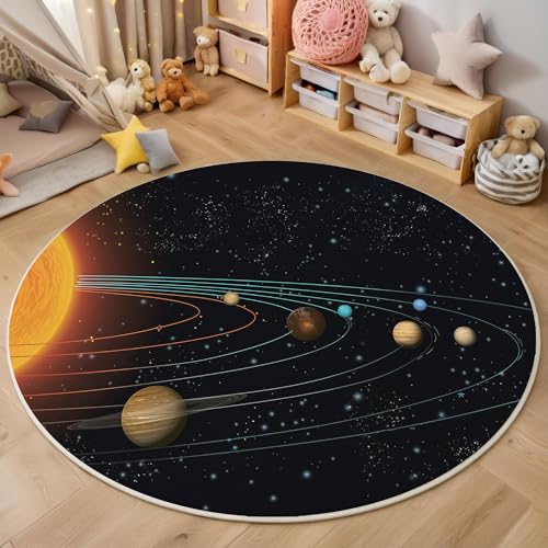 MIATCENRT Rutschfester Teppich Rund, Teppich Wissenschaft Sonnensystem Orbitallinien Muster Waschbarer Wohnzimmer, Teppiche Weich Flauschig für Schlafzimmer Küche Esszimmer, Schwarz, 160cm MIATCENRT Rutschfester Teppich Rund, Teppich Wissenschaft Sonnensystem Orbitallinien Muster Waschbarer Wohnzimmer, Teppiche Weich Flauschig für Schlafzimmer Küche Esszimmer, Schwarz, 160cm von MIATCENRT
