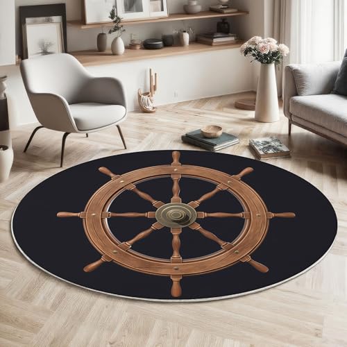 MIATCENRT Spiel Kunst Teppich Rund 160cm, Waschbar Kurzflor, Rutschfester Wohnzimmerteppich, Holz Ruder Runder Flauschiger Teppiche für Schlafzimmer, Kinderzimmer, Schwarz von MIATCENRT
