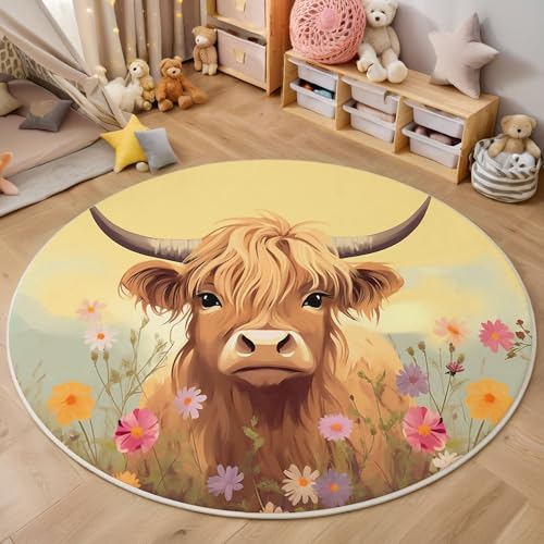 MIATCENRT Süß Teppich Rund 100cm, Waschbare Teppiche, Warmes Gelb Runder Teppiche Farbecht, rutschfest Carpet, Blumen Hochlandrinder Bedruckter Teppich Schlafzimmer, Kinderzimmer von MIATCENRT