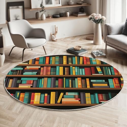 MIATCENRT Teppich Rund Wohnzimmer 120cm, Bücherregal Bücher Waschbarer Teppich Schlafzimmer Kurzflor Vektor Kunst Bunt Runder Wohnzimmerteppich, Weich rutschfest Esszimmer Teppiche von MIATCENRT