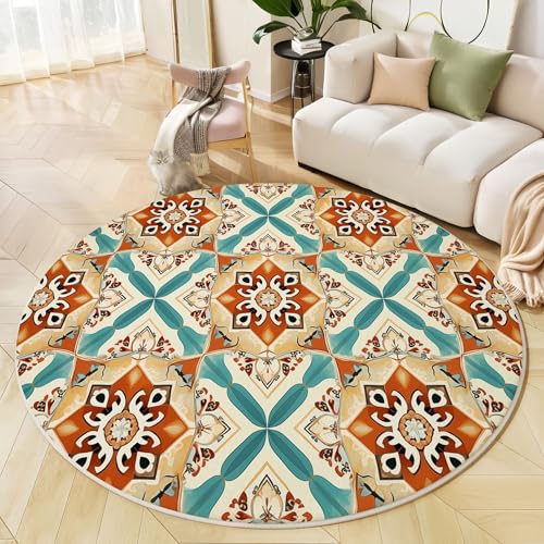 MIATCENRT Teppich Wohnzimmer Rund, 80cm Teppich Schlafzimmer Kurzflor, Terrakotta Geometrisch Kunst Waschbar rutschfest Teppiche Fliesen Floral für Wohnzimmer Schlafzimmer Esszimmer MIATCENRT Teppich Wohnzimmer Rund, 80cm Teppich Schlafzimmer Kurzflor, Terrakotta Geometrisch Kunst Waschbar rutschfest Teppiche Fliesen Floral für Wohnzimmer Schlafzimmer Esszimmer von MIATCENRT