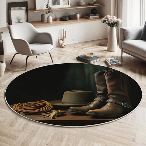 MIATCENRT Vintage Teppich Rund 120cm, Waschbare Teppiche, Dunkelbraun Runder Teppiche Farbecht, rutschfest Carpet, Cowboystiefel Hut Bedruckter Teppich Schlafzimmer, Kinderzimmer MIATCENRT Vintage Teppich Rund 120cm, Waschbare Teppiche, Dunkelbraun Runder Teppiche Farbecht, rutschfest Carpet, Cowboystiefel Hut Bedruckter Teppich Schlafzimmer, Kinderzimmer von MIATCENRT