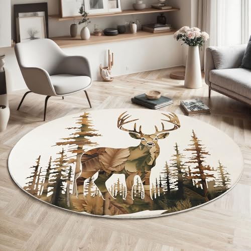 MIATCENRT Wald Tiere Teppich Rund 160cm, Waschbare Teppiche, Braun Runder Teppiche Farbecht, rutschfest Carpet, Blätter Hirsch Bedruckter Teppich Schlafzimmer, Kinderzimmer MIATCENRT Wald Tiere Teppich Rund 160cm, Waschbare Teppiche, Braun Runder Teppiche Farbecht, rutschfest Carpet, Blätter Hirsch Bedruckter Teppich Schlafzimmer, Kinderzimmer von MIATCENRT
