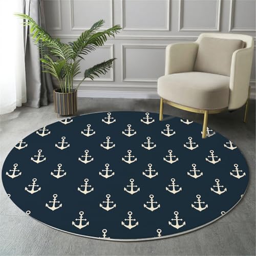 MIATCENRT Waschbar Teppich Rund 100cm, rutschfest Dünner Teppich, Gegend Kreis Dunkelblau Einfach Anker Symbol Fußboden Teppiche für Wohnzimmer Schlafzimmer Kinderzimmer von MIATCENRT