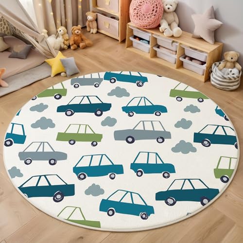 MIATCENRT Waschbar Teppich Rund 100cm, rutschfest Dünner Teppich, Gegend Kreis Grau-Blau Illustration Abstrakt Minimalistisch Auto Fußboden Teppiche für Wohnzimmer Schlafzimmer Kinderzimmer von MIATCENRT