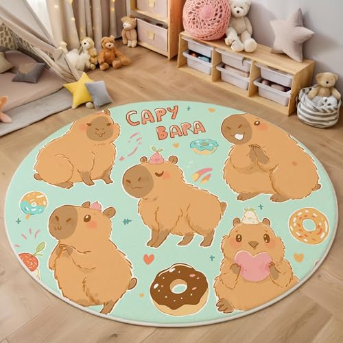 MIATCENRT Waschbar Teppich Rund 100cm, rutschfest Dünner Teppich, Gegend Kreis Hellgrün Süß Capybara Dessert Fußboden Teppiche für Wohnzimmer Schlafzimmer Kinderzimmer MIATCENRT Waschbar Teppich Rund 100cm, rutschfest Dünner Teppich, Gegend Kreis Hellgrün Süß Capybara Dessert Fußboden Teppiche für Wohnzimmer Schlafzimmer Kinderzimmer von MIATCENRT