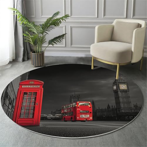MIATCENRT Waschbar Teppich Rund 120cm, rutschfest Dünner Teppich, Gegend Kreis Asche London Straße Bus Telefonzelle Fußboden Teppiche für Wohnzimmer Schlafzimmer Kinderzimmer von MIATCENRT