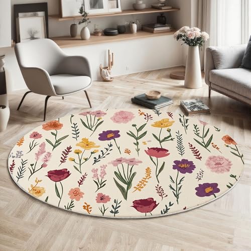 MIATCENRT Waschbar Teppich Rund 120cm, rutschfest Dünner Teppich, Gegend Kreis Creme Süß Kleine Blumen Pflanzen Fußboden Teppiche für Wohnzimmer Schlafzimmer Kinderzimmer von MIATCENRT