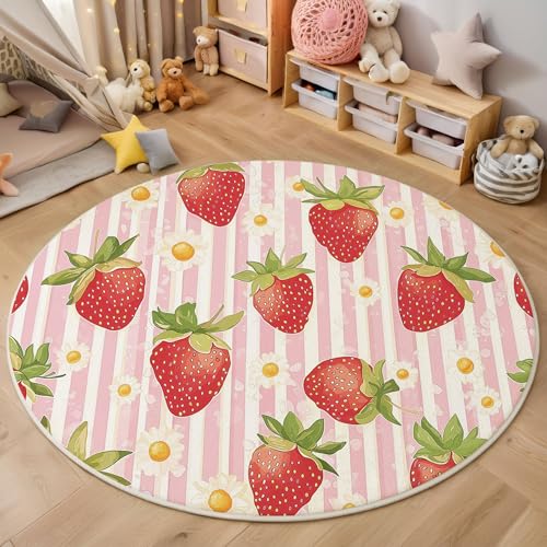 MIATCENRT Waschbar Teppich Rund 120cm, rutschfest Dünner Teppich, Gegend Kreis Hellrosa Süß Erdbeere Streifen Fußboden Teppiche für Wohnzimmer Schlafzimmer Kinderzimmer von MIATCENRT