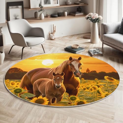 MIATCENRT Waschbar Teppich Rund 120cm, rutschfest Dünner Teppich, Gegend Kreis Orange Braun Landschaft Tiere Sonnenblumenfeld Pferde Fußboden Teppiche für Wohnzimmer Schlafzimmer Kinderzimmer MIATCENRT Waschbar Teppich Rund 120cm, rutschfest Dünner Teppich, Gegend Kreis Orange Braun Landschaft Tiere Sonnenblumenfeld Pferde Fußboden Teppiche für Wohnzimmer Schlafzimmer Kinderzimmer von MIATCENRT