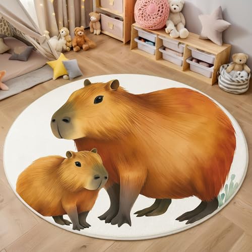 MIATCENRT Waschbar Teppich Rund 120cm, rutschfest Dünner Teppich, Gegend Kreis Orange Süß Capybara Mutter Baby Fußboden Teppiche für Wohnzimmer Schlafzimmer Kinderzimmer von MIATCENRT