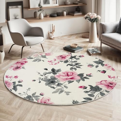 MIATCENRT Waschbar Teppich Rund 120cm, rutschfest Dünner Teppich, Gegend Kreis Rosa Grau Pflanzen Blumen Rosen Fußboden Teppiche für Wohnzimmer Schlafzimmer Kinderzimmer MIATCENRT Waschbar Teppich Rund 120cm, rutschfest Dünner Teppich, Gegend Kreis Rosa Grau Pflanzen Blumen Rosen Fußboden Teppiche für Wohnzimmer Schlafzimmer Kinderzimmer von MIATCENRT