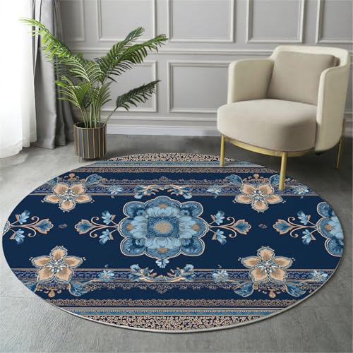 MIATCENRT Waschbar Teppich Rund 160cm, rutschfest Dünner Teppich, Gegend Kreis Blau Traditionell Dekorativ Geometrisch Muster Fußboden Teppiche für Wohnzimmer Schlafzimmer Kinderzimmer von MIATCENRT