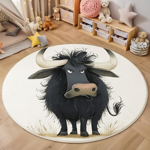 MIATCENRT Waschbar Teppich Rund 160cm, rutschfest Dünner Teppich, Gegend Kreis Schwarz Cartoon Wütender Schwarzer Stier Fußboden Teppiche für Wohnzimmer Schlafzimmer Kinderzimmer MIATCENRT Waschbar Teppich Rund 160cm, rutschfest Dünner Teppich, Gegend Kreis Schwarz Cartoon Wütender Schwarzer Stier Fußboden Teppiche für Wohnzimmer Schlafzimmer Kinderzimmer von MIATCENRT