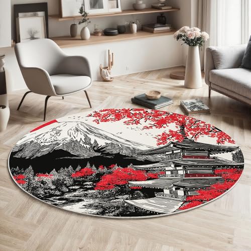 MIATCENRT Waschbar Teppich Rund 160cm, rutschfest Dünner Teppich, Gegend Kreis Schwarz Rot Tuschemalerei Japan Tempel Kirschblüten Fußboden Teppiche für Wohnzimmer Schlafzimmer Kinderzimmer von MIATCENRT