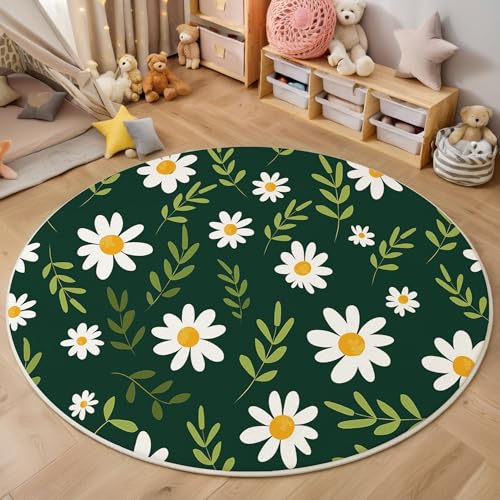 MIATCENRT Waschbar Teppich Rund 160cm, rutschfest Dünner Teppich, Gegend Kreis Tiefes Smaragdgrün Süß Blume Gänseblümchen Grüne Blätter Fußboden Teppiche für Wohnzimmer Schlafzimmer Kinderzimmer von MIATCENRT