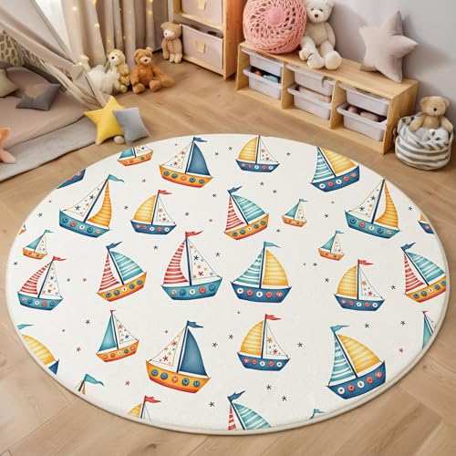 MIATCENRT Waschbar Teppich Rund 80cm, rutschfest Dünner Teppich, Gegend Kreis Blau Gelb Cartoon Farbe Segelboot Fußboden Teppiche für Wohnzimmer Schlafzimmer Kinderzimmer von MIATCENRT