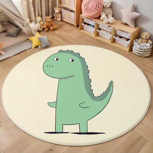 MIATCENRT Waschbar Teppich Rund 80cm, rutschfest Dünner Teppich, Gegend Kreis Grün Einfache Illustration Niedlicher Dinosaurier Fußboden Teppiche für Wohnzimmer Schlafzimmer Kinderzimmer von MIATCENRT