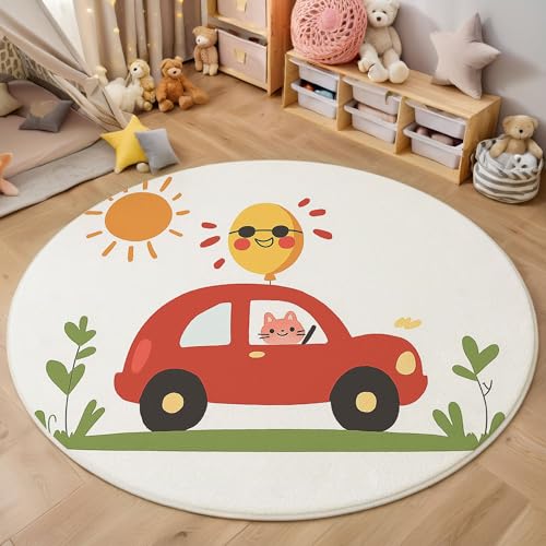 MIATCENRT Waschbar Teppich Rund 80cm, rutschfest Dünner Teppich, Gegend Kreis Rot Weiß Süß Auto Sonne Fußboden Teppiche für Wohnzimmer Schlafzimmer Kinderzimmer von MIATCENRT