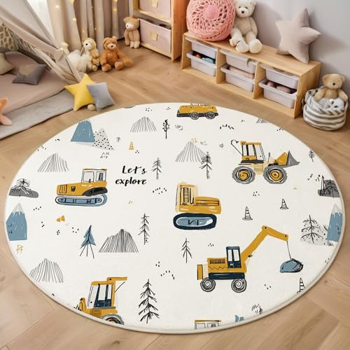 MIATCENRT Waschbarer Blau Gelb Teppich Wohnzimmer Schlafzimmer Rund Teppich, Bulldozer Baufahrzeug Muster Einfach Süß Deko, Teppiche kurzerflor für Esszimmer Büro Eingangsbereich, 100cm von MIATCENRT