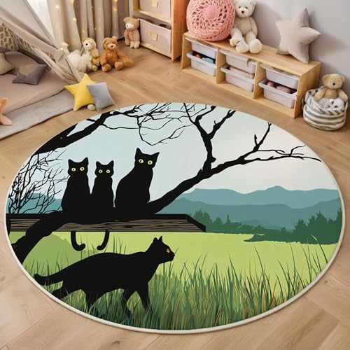 MIATCENRT Waschbarer Blau Gelb Teppich Wohnzimmer Schlafzimmer Rund Teppich, Gras Äste Katze Muster Illustration Deko, Teppiche kurzerflor für Esszimmer Büro Eingangsbereich, 120cm MIATCENRT Waschbarer Blau Gelb Teppich Wohnzimmer Schlafzimmer Rund Teppich, Gras Äste Katze Muster Illustration Deko, Teppiche kurzerflor für Esszimmer Büro Eingangsbereich, 120cm von MIATCENRT