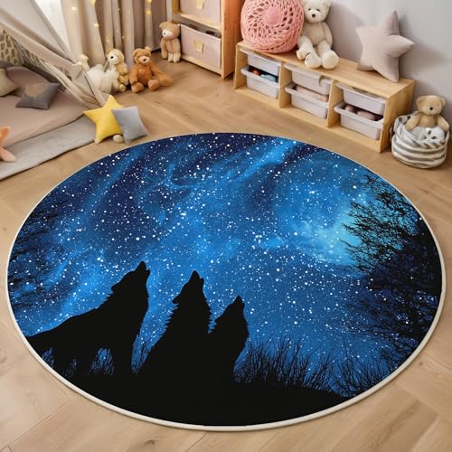 MIATCENRT Waschbarer Blau-Schwarz Rund Teppich, Fantasy Kunst Sternenhimmel Wolf Muster, 100cm Dünn Teppich Dekorative für Schlafzimmer Küche Esszimmer Wohnzimmer Büro Eingangsbereich MIATCENRT Waschbarer Blau-Schwarz Rund Teppich, Fantasy Kunst Sternenhimmel Wolf Muster, 100cm Dünn Teppich Dekorative für Schlafzimmer Küche Esszimmer Wohnzimmer Büro Eingangsbereich von MIATCENRT