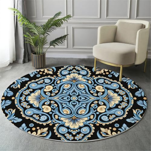 MIATCENRT Waschbarer Blau-Schwarz Rund Teppich, Paisley Symmetrisch Geblümt Muster, 80cm Dünn Teppich Dekorative für Schlafzimmer Küche Esszimmer Wohnzimmer Büro Eingangsbereich MIATCENRT Waschbarer Blau-Schwarz Rund Teppich, Paisley Symmetrisch Geblümt Muster, 80cm Dünn Teppich Dekorative für Schlafzimmer Küche Esszimmer Wohnzimmer Büro Eingangsbereich von MIATCENRT