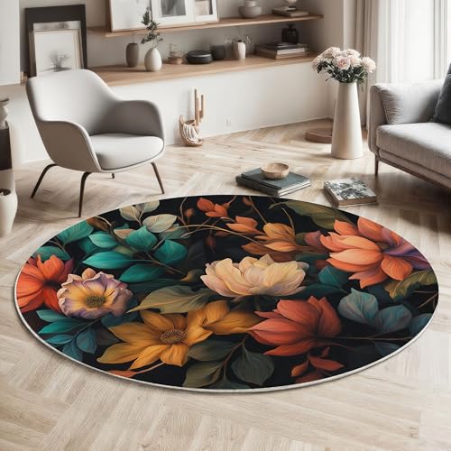 MIATCENRT Waschbarer Bunt Rund Teppich, Ölgemälde Abstrakt Blumen Muster, 160cm Dünn Teppich Dekorative für Schlafzimmer Küche Esszimmer Wohnzimmer Büro Eingangsbereich von MIATCENRT