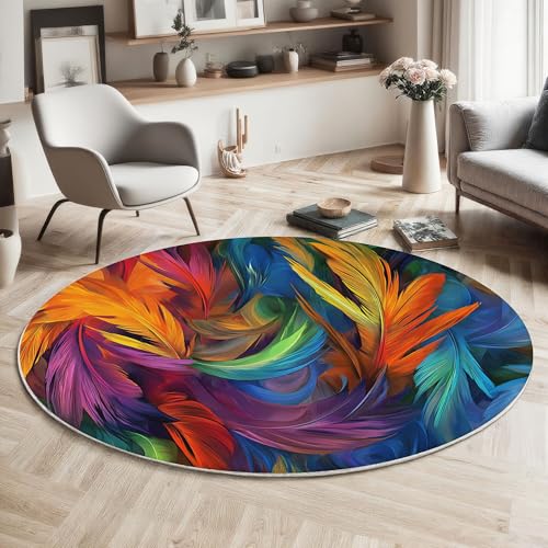 MIATCENRT Waschbarer Bunt Teppich Wohnzimmer Schlafzimmer Rund Teppich, Spin Feder Muster Abstrakt Kunst Deko, Teppiche kurzerflor für Esszimmer Büro Eingangsbereich, 160cm von MIATCENRT