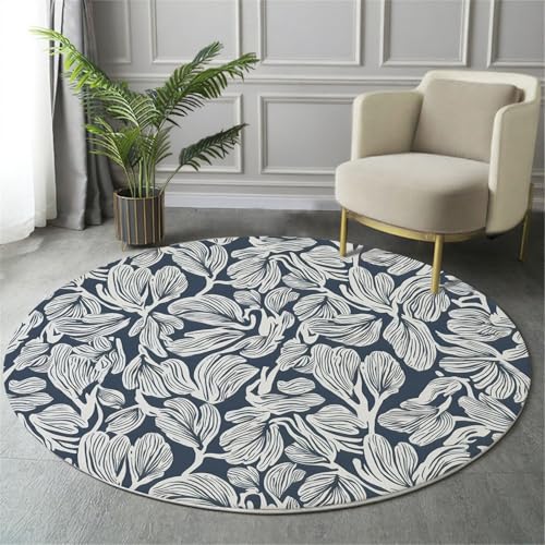 MIATCENRT Waschbarer Dunkelblau Weiß Rund Teppich, Abstrakt Pflanzen Wiederholung Blätter Muster, 160cm Dünn Teppich Dekorative für Schlafzimmer Küche Esszimmer Wohnzimmer Büro Eingangsbereich von MIATCENRT
