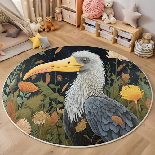 MIATCENRT Waschbarer Dunkelgrün Teppich Wohnzimmer Schlafzimmer Rund Teppich, Grauer Nashornvogel Wildblumen Muster Illustration Deko, Teppiche kurzerflor für Esszimmer Büro Eingangsbereich, 100cm von MIATCENRT