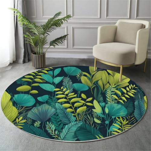 MIATCENRT Waschbarer Gelbgrün Teppich Wohnzimmer Schlafzimmer Rund Teppich, Dschungel Pflanzen Blätter Muster Tropisch Deko, Teppiche kurzerflor für Esszimmer Büro Eingangsbereich, 100cm von MIATCENRT