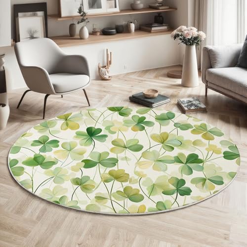 MIATCENRT Waschbarer Grün Gelb Rund Teppich, Eleganz Botanisch Aquarell Klee Muster, 100cm Dünn Teppich Dekorative für Schlafzimmer Küche Esszimmer Wohnzimmer Büro Eingangsbereich von MIATCENRT